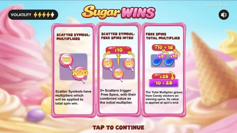 Sugar Wins - hoofdmenu van de slot